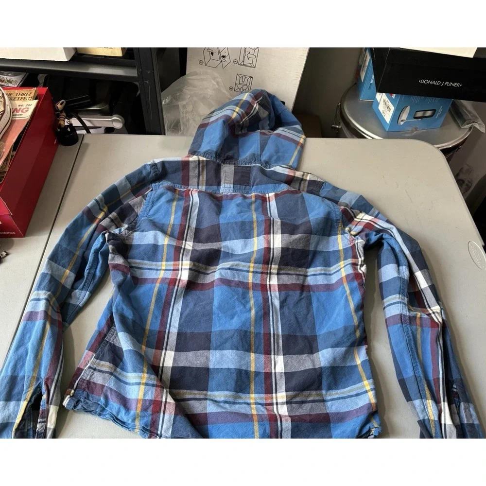 Hollister Hooded Flannel Shirt Mens XL Blue Red Plaid Long Sleeve Button Up
